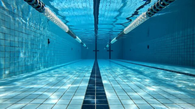 Underwater swimming pool lane lines with sun reflections on tiled walls during a clean dive motion