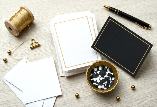 Elegant stationery items including cards envelopes confetti and gold thread on a table setup