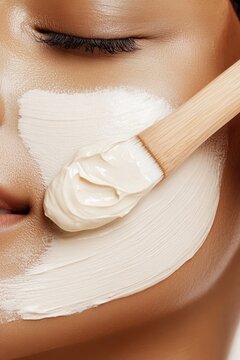 Natural skin care routine, applying creamy face mask with a smooth wooden applicator, highlighting healthy glowing complexion and beauty treatment concept.