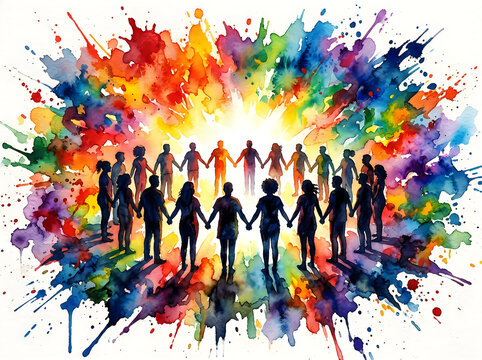 Watercolor painting of people holding hands in a circle of vibrant colors