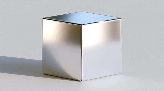 Perfect polished reflective metallic silver cube stands on a light gray matte plain background, creating a minimalist modern geometric industrial aesthetic for design use.