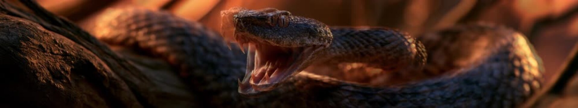 Panoramic Seamless Loop Animation of a Fanged Snake with Open Jaws in Warm Forest Light