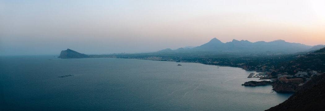 Panoramic Aerial View of Altea and Albir Coastline with Penon de Ifach at Sunset, Costa Blanca, Spain