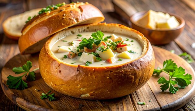 Mouthwatering New England clam chowder served inside a freshly baked round sourdough bread bowl, thick creamy soup filled with clams and diced potatoes