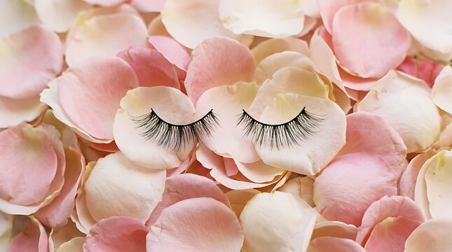 Black false eyelashes on pink rose petals background.