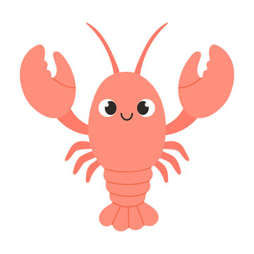 Kawaii lobster cartoon with smiling face, raised claws. Friendly sea animal isolated on white background. Perfect for children, education, seafood, marine, mascot, nursery projects