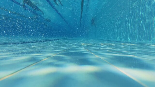 Underwater View of Swimming Pool Lanes with Swimmers