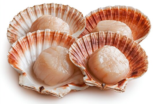 Four fresh raw big scallop meat in natural brown and white open shells arranged on plain white background showing premium healthy seafood ingredient for cooking.