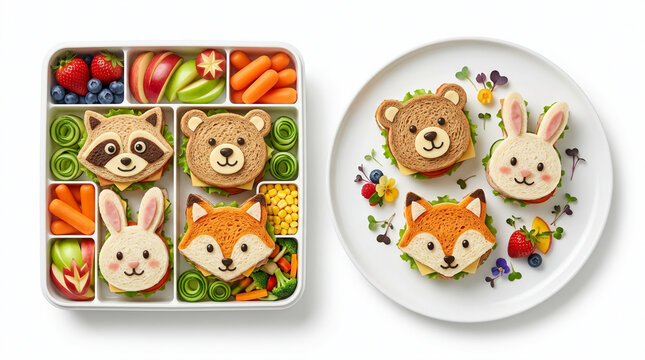 Creative animal-shaped sandwiches (bear, bunny, fox, raccoon) with fresh fruits and vegetables. Presented in a healthy bento box and on a plate, ideal for fun kids' meals.