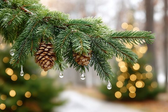 Pine branch with pinecones and icicles, festive bokeh background