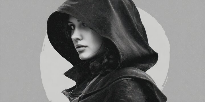 Woman wearing hooded cloak in grayscale portrait against a neutral background with copy space