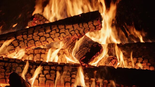 Warm glowing logs burning in a fireplace with gentle smoke wisps during a cozy evening