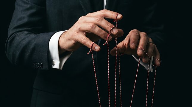 Businessman hands controlling marionette strings on a dark background.