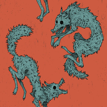 Hand-drawn fineliner seamless pattern of creepy green grunge werewolves on terracotta. Perfect for Halloween textiles, gothic apparel, wrapping paper, spooky party stationery, and streetwear prints.