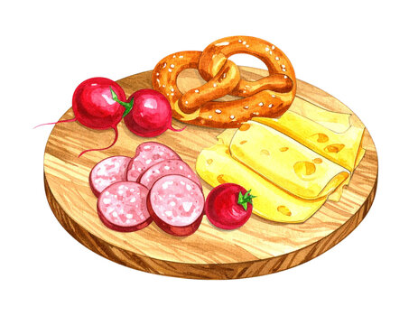 Oktoberfest Brotzeit K&auml;se Salami Brezel Radieschen Aquarell PNG