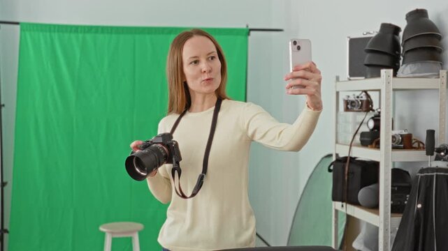 Woman in cream sweater holds camera and raises smartphone for selfie in studio with green screen backdrop and shelving; creative confidence content.