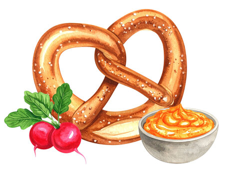 Bayerische Brezel mit Obazda und Radieschen &ndash; traditionelle Oktoberfest Brotzeit Aquarell PNG