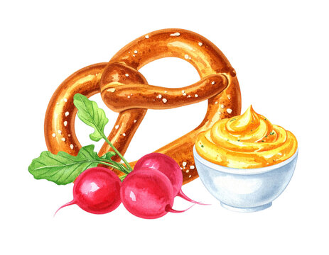 Bayerische Brotzeit mit Brezel, Obazda und Radieschen, freigestelltes Aquarell-PNG