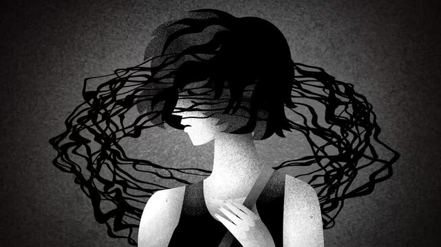 sad woman with depression surrounded by tangled webs of thoughts