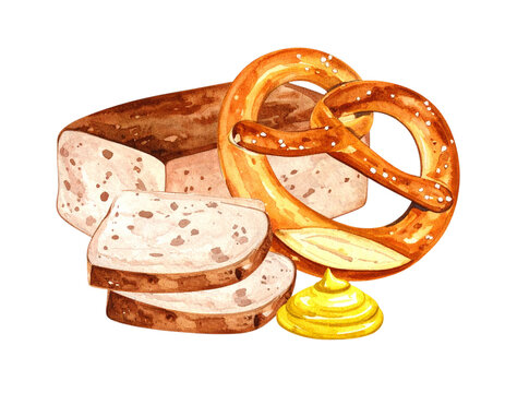 Aufgeschnittener bayerischer Leberk&auml;se mit Brezeln und Senf, freigestelltes Aquarell-PNG