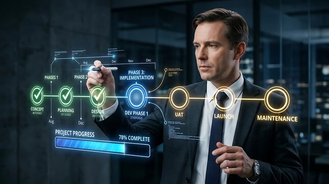 Businessman Managing Project Stages on Virtual Holographic Interface.