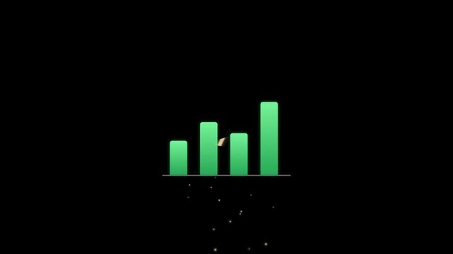 Minimalist green bar chart illustration with reflection on black background.