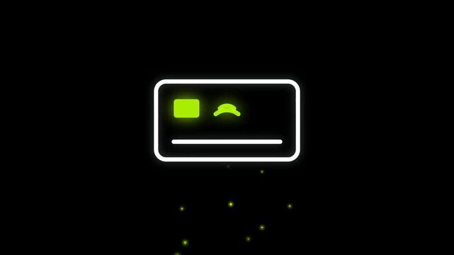 Minimalist glowing neon credit card icon isolated on black background.