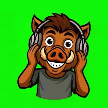 Cool pig mascot holding earphones and smiling animated vector graphic greenscreen