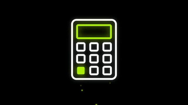 Neon glowing calculator icon isolated on a dark black background.