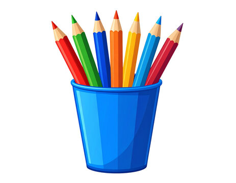 Bunte Buntstifte im blauen Stiftebecher &ndash; Illustration f&uuml;r Schule und kreatives Malen als freigestelltes PNG