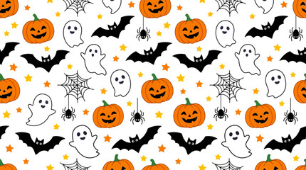 Fototapeta premium Seamless Halloween Pattern with Cute Pumpkins Bats Ghosts and Spiders