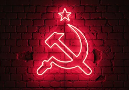 Bright red hammer and sickle symbol with neon outline