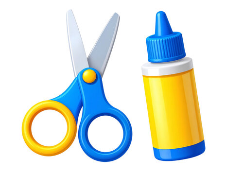 Bunte Schere und Bastelkleber &ndash; Illustration f&uuml;r Schule, Basteln und Kreativunterricht als freigestelltes PNG