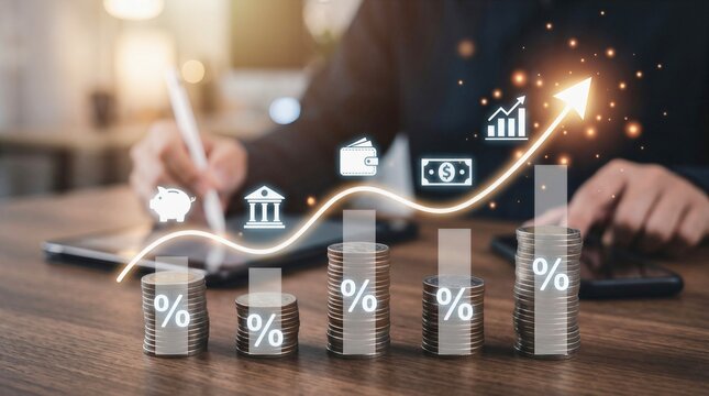 Businessman analyzing financial growth and compound interest with stacked coins and rising graph