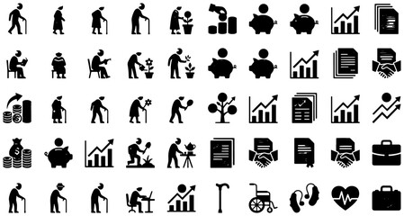 Fototapeta premium Set of black vector icons depicting elderly people lifestyle finance business growth and healthcare symbols