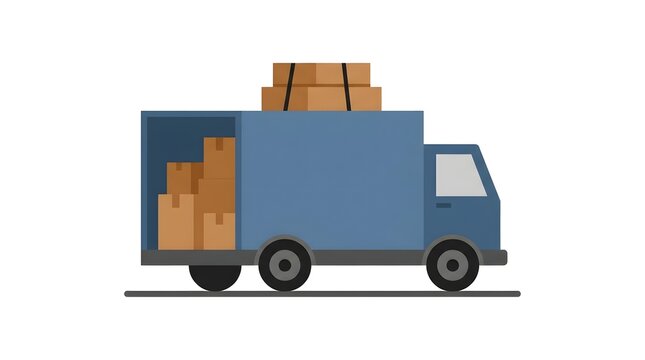 Flat vector illustration of a blue delivery truck loaded with cardboard boxes and packages, representing freight transportation, parcel delivery, logistics, and goods distribution.