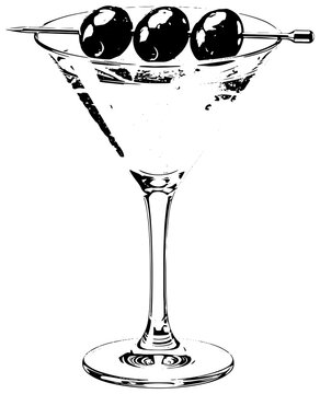 Black and white line art illustration of a classic martini cocktail glass with three olives on a skewer