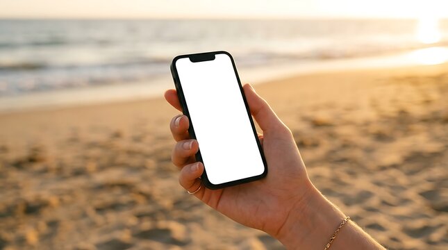 Close up of a hand holding a smartphone with a blank white screen on a sunny beach.