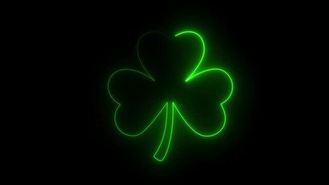 Glowing neon four leaf clover icon animation with lucky shamrock symbol on black background 4k motion graphics