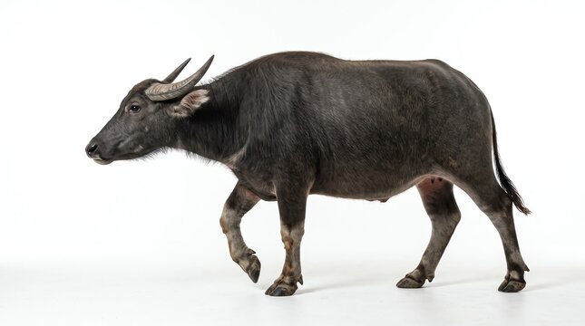 Water Buffalo Walking Isolated on White Background