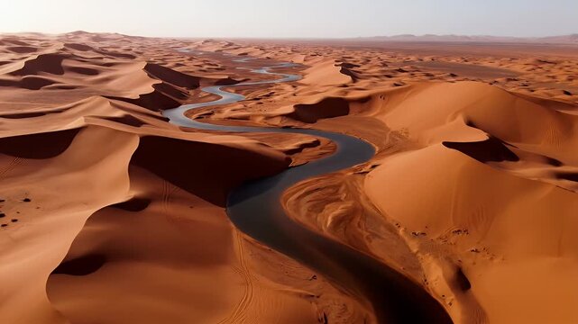 Aerial view of a winding river flowing through vast, undulating sand dunes in a desert landscape at sunset
