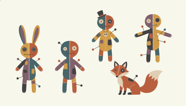 Set of handmade voodoo dolls with pins representing different characters including a rabbit, a fox, and humans.
