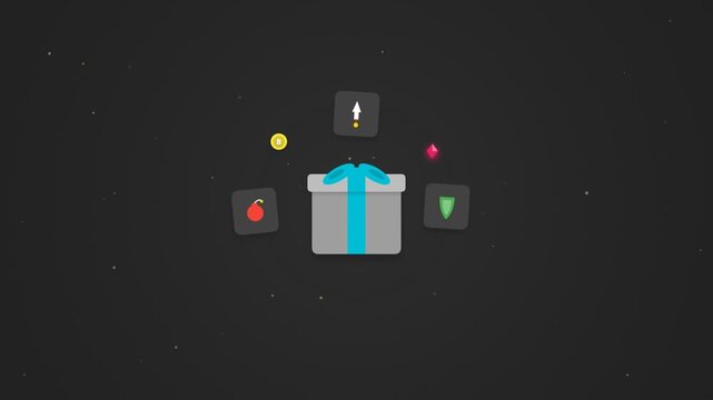 Game reward box with various power-ups and items for player progression