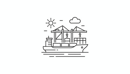 Fototapeta premium Thin line vector icon representing a cargo container ship at a busy harbor terminal loading and unloading goods.