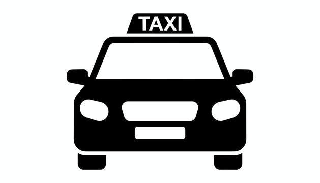 Front view black silhouette icon of a classic urban taxi cab with a taxi roof sign isolated on a white background.