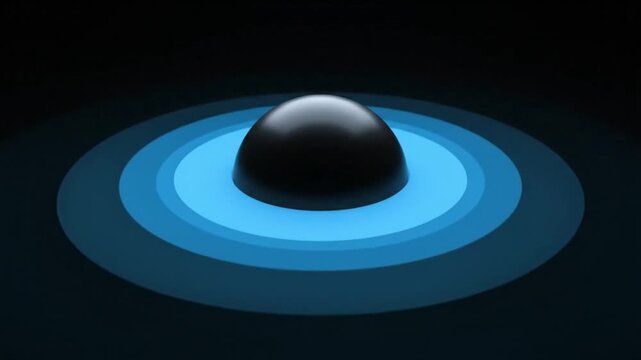 Black sphere with pulsating blue concentric rings expanding in this abstract minimalist animation motion background for digital creative media presentations
