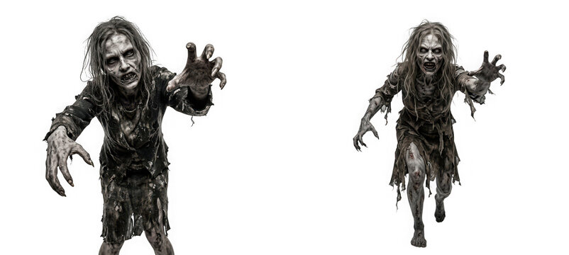 Two scary zombies reaching out isolated on transparent background