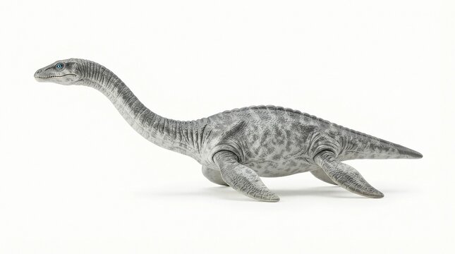 Realistic gray plesiosaur dinosaur toy figurine showing detailed skin texture and bright blue eyes captured in a profile view against a clean plain white background