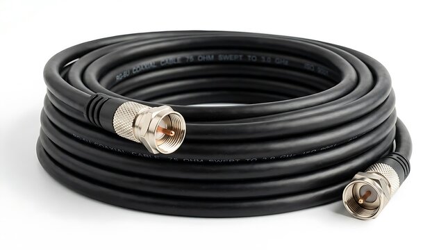 Coiled black coaxial cable with F-type connectors isolated on white.