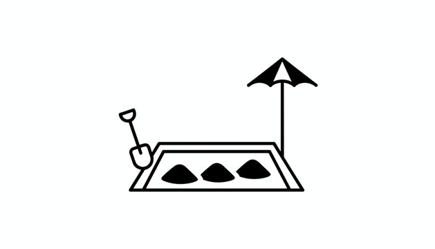 Simple black and white icon of a children sandbox with a shovel stuck in the sand and an umbrella beside it.